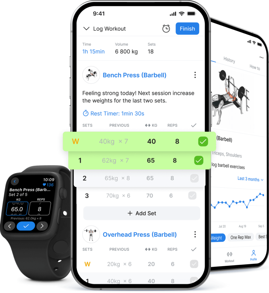 hevy app displayed on smartphone and smartwatch