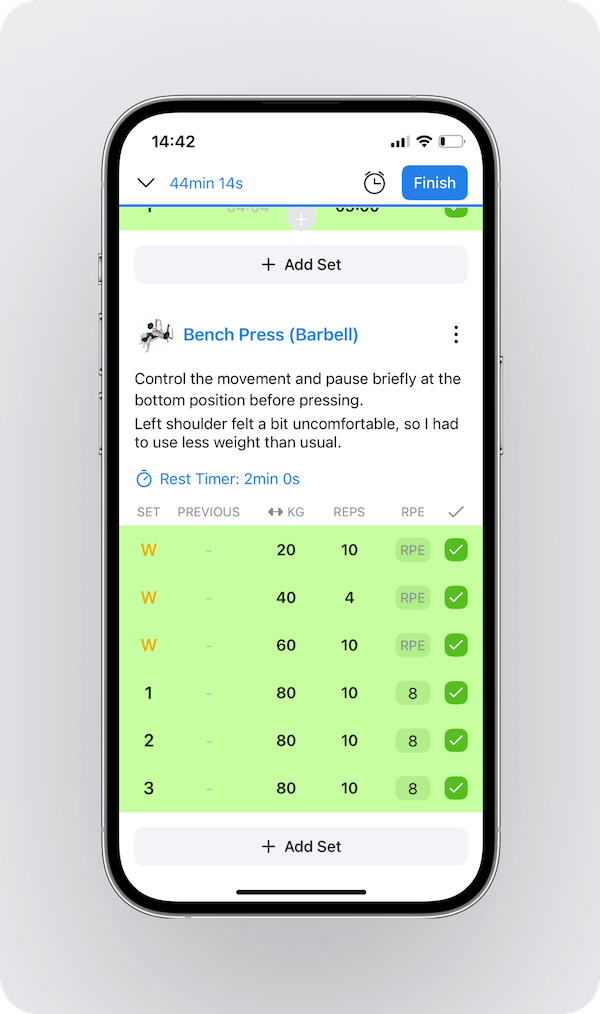 a look at several completed sets for an exercise during a Hevy workout along with exercise notes