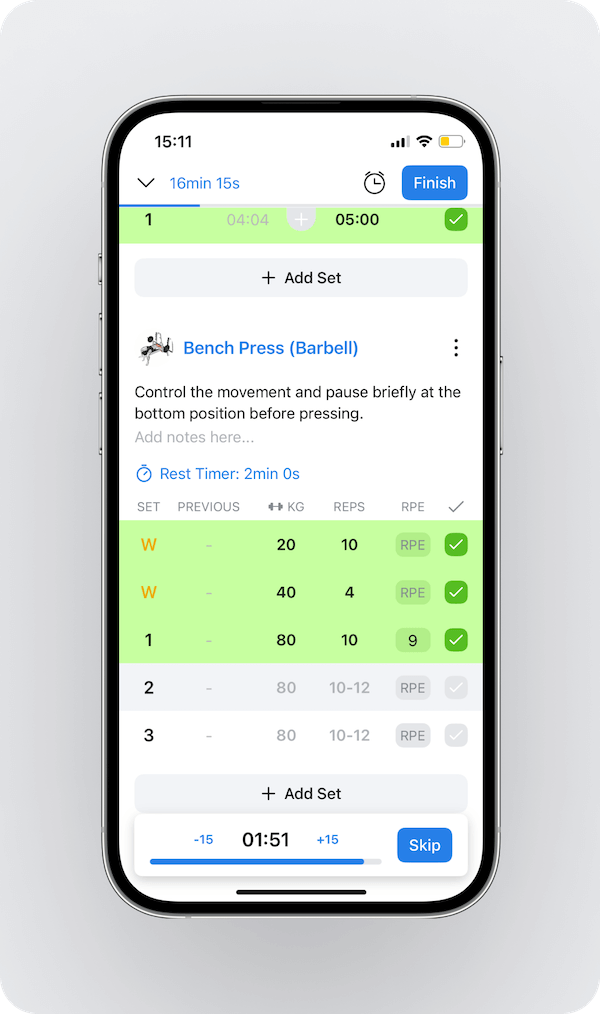 an overview of multiple completed sets during a live workout and the automatic rest timer in Hevy