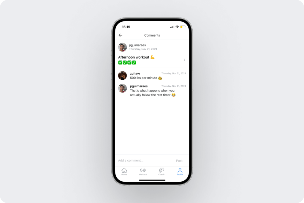 a positive comment exchange between two users in Hevy