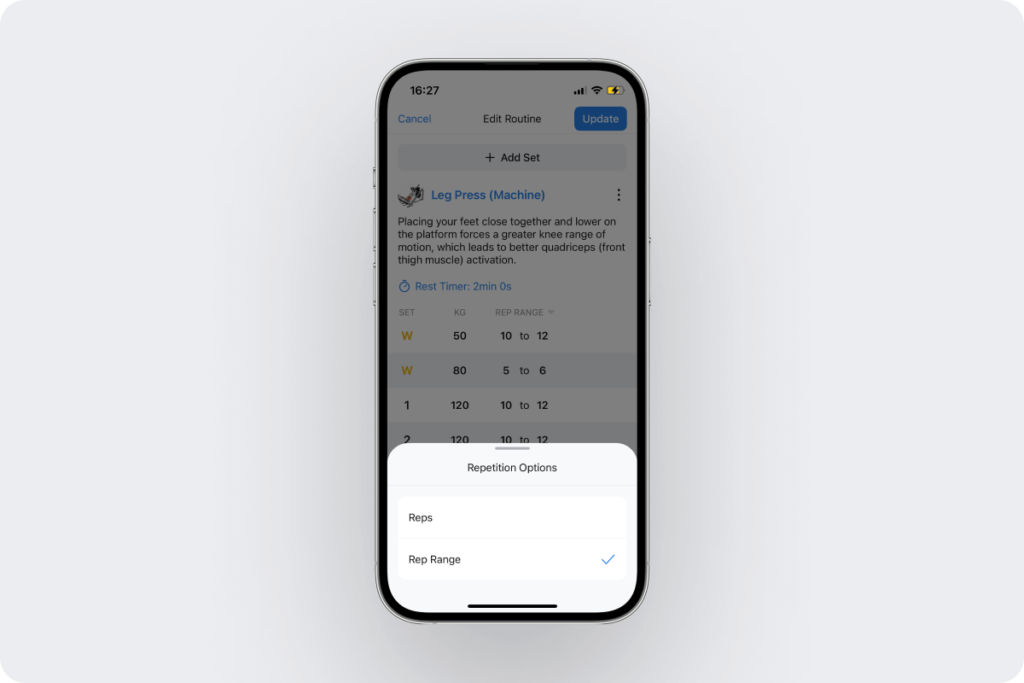a look at the menu where users can switch between repetitions and rep ranges in Hevy