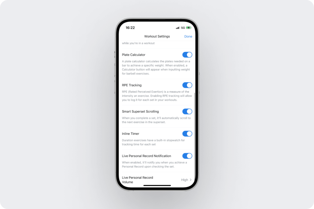 an overview of the option to enable smart superset scrolling in Hevy's workout settings tab