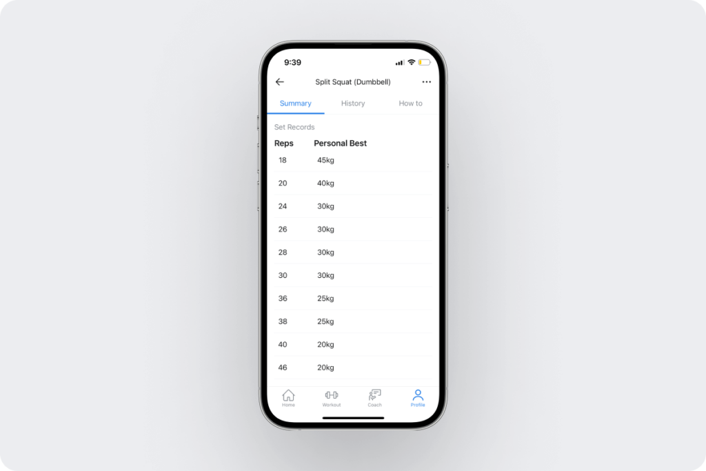 an overview of personal best performances for an individual exercise in the Hevy app