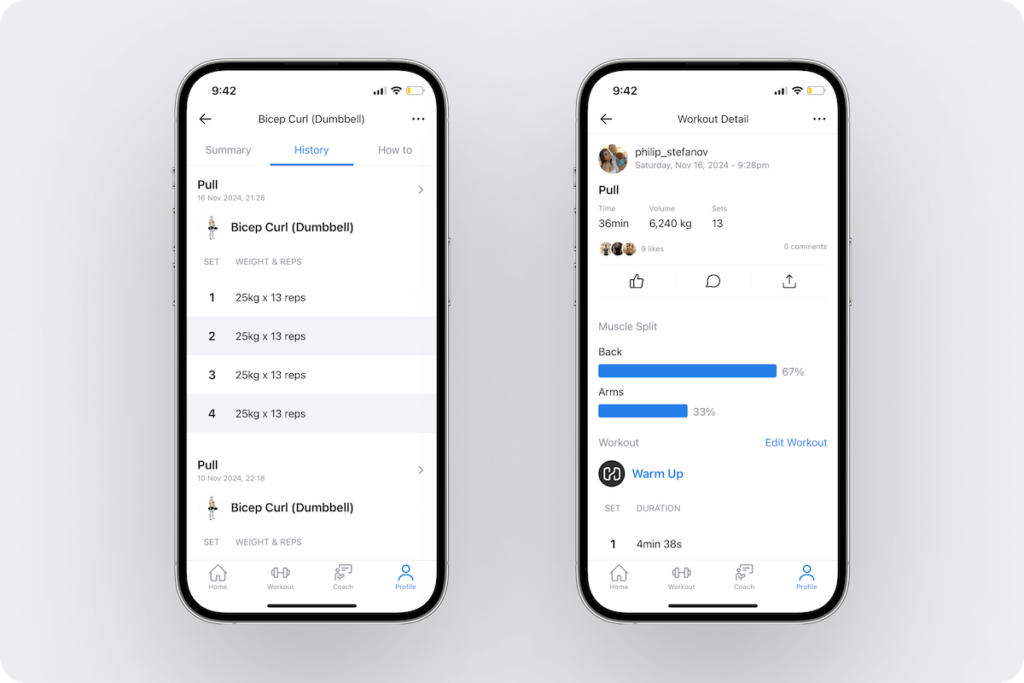 options to see an exercise's performance from workout to workout and examine entire sessions in the Hevy app