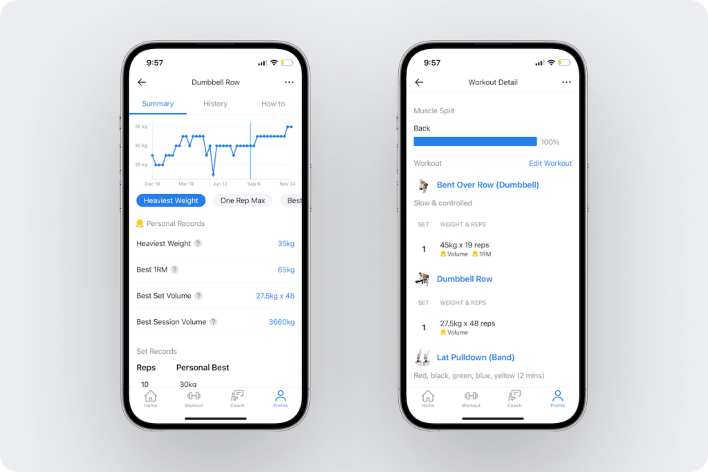 a look at individual exercise metrics and workout-to-workout performance for users in Hevy