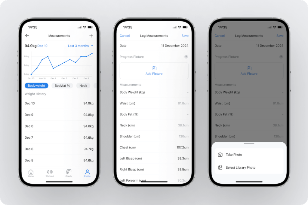 screens displaying options to see and log body measurements as well as upload progress photos