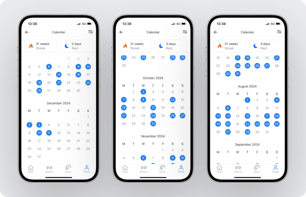 an overview of the calendar users can access inside Hevy that highlights workout days in blue