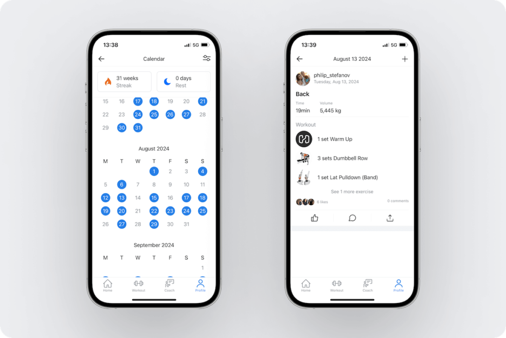 an overview of the option for users to tap on any date with a workout to instantly access that session and see its details in Hevy