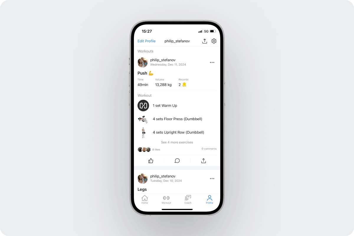 an overview of a saved workout and how it appears in a user's Hevy profile