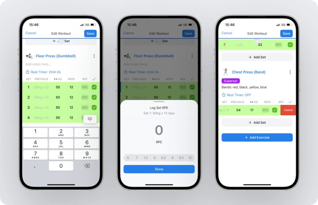 an overview of the options to log weight, reps, and RPE, as well as add or delete sets in Hevy