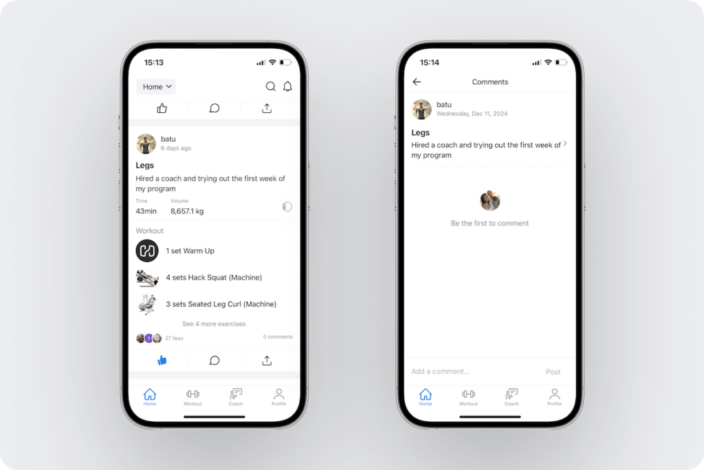 a look at a user's workout in the social feed along with options to like and comment on it