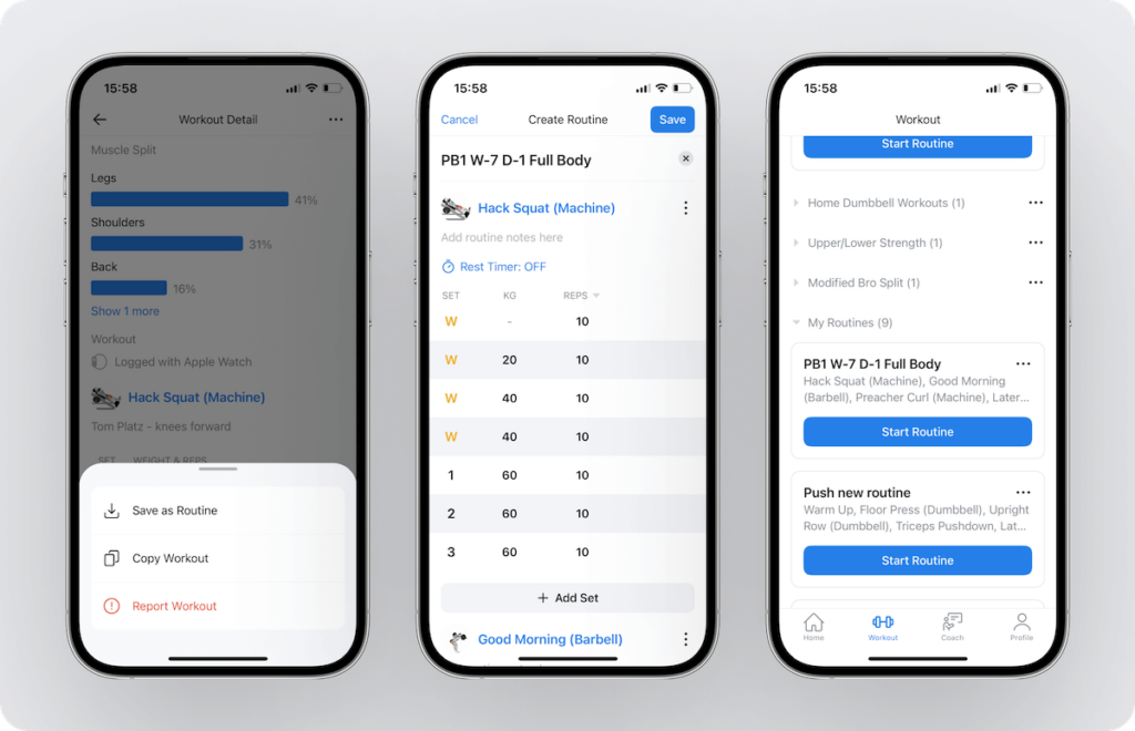 an overview of the option to save another user's completed workout as a reusable template (routine) in Hevy
