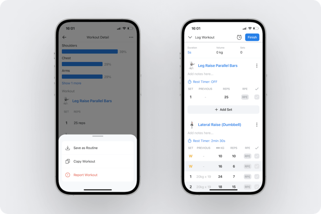 an overview of the option to copy another user's completed workout and log it set by set in Hevy