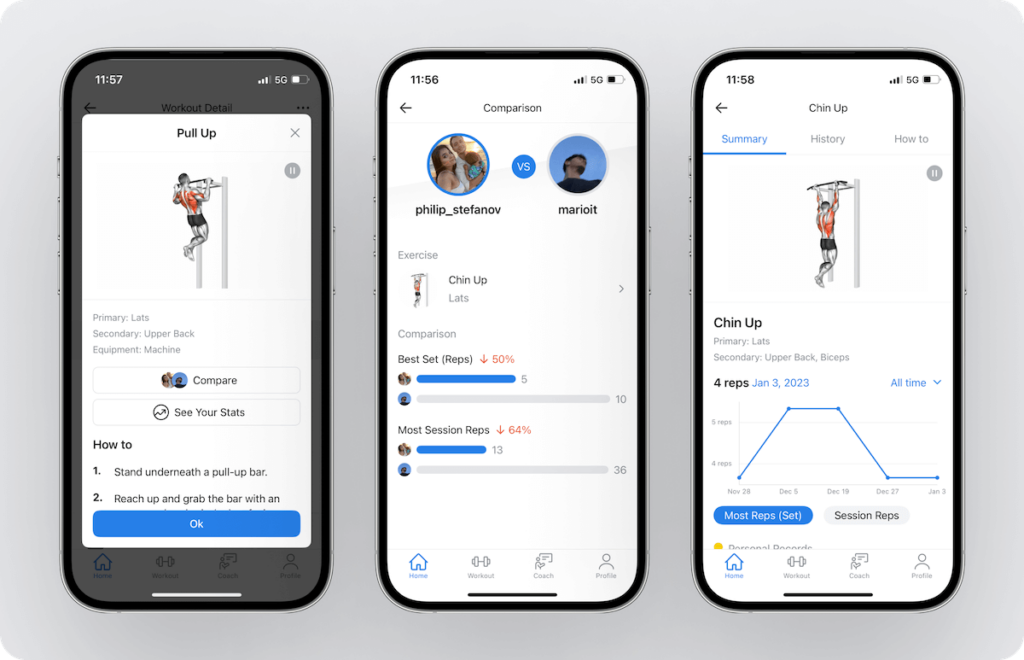 screenshots displaying the user option to compare their exercise performance to that of another person