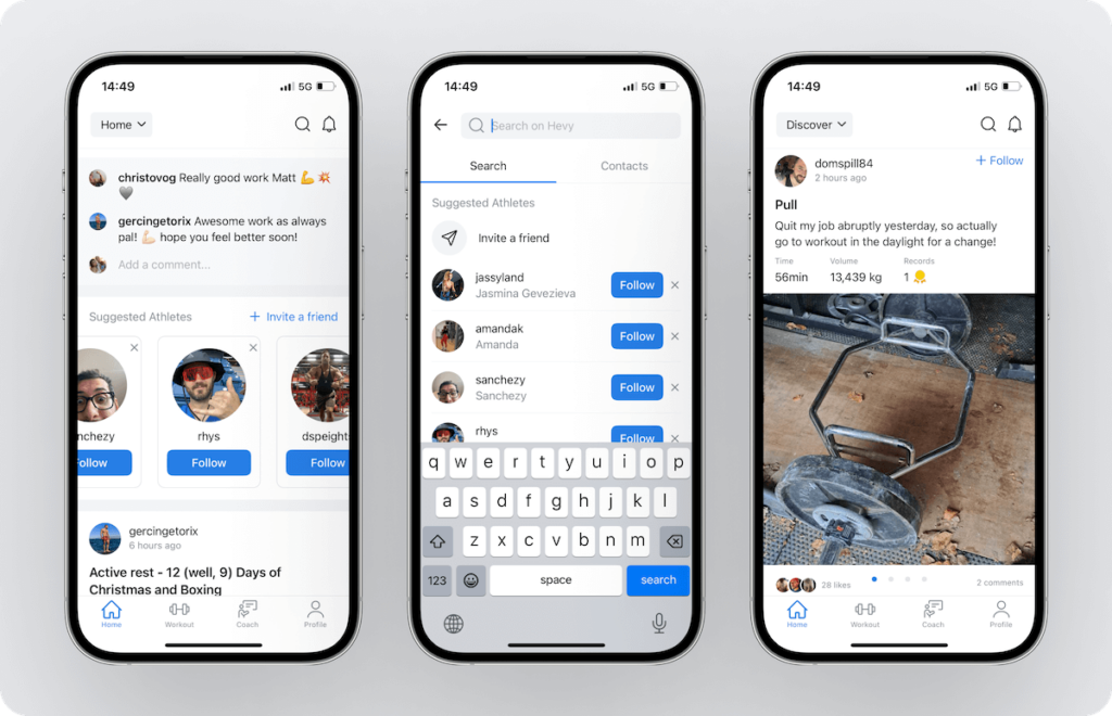 a look at suggested athletes in Hevy and a user's workout in the Discover section