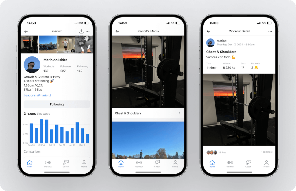 an overview of an athlete's profile, along with media they've uploaded and their recently completed workouts
