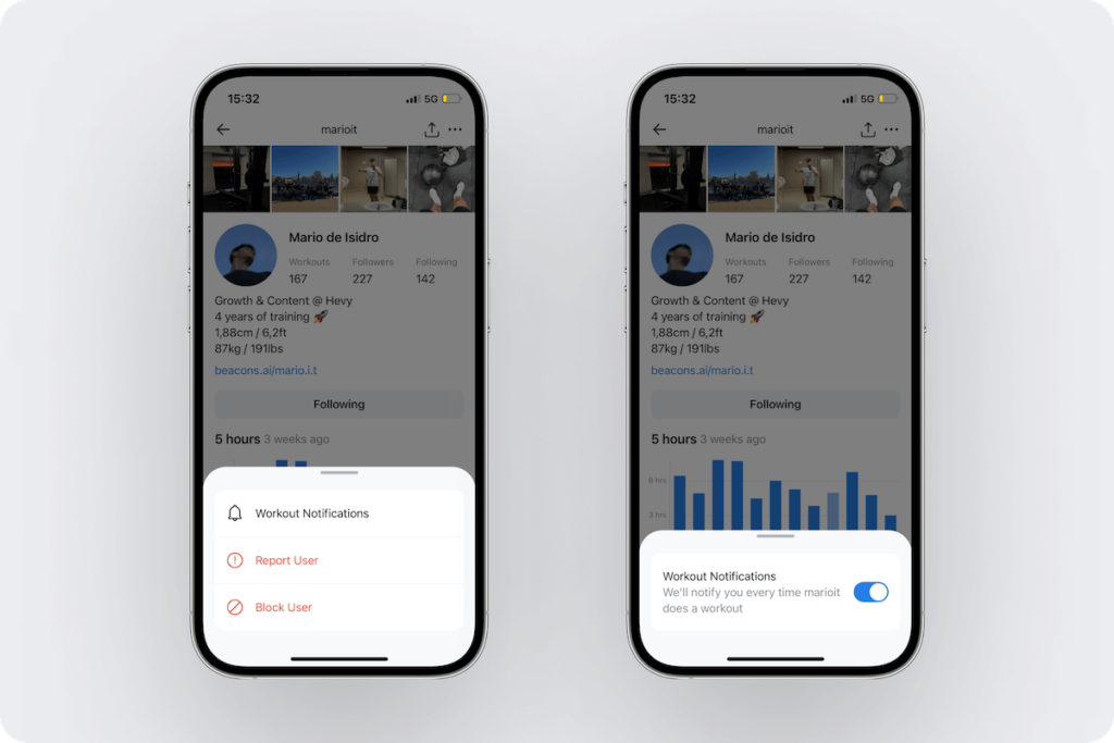 a menu with options to enable workout notifications for a user, as well as to block or report them
