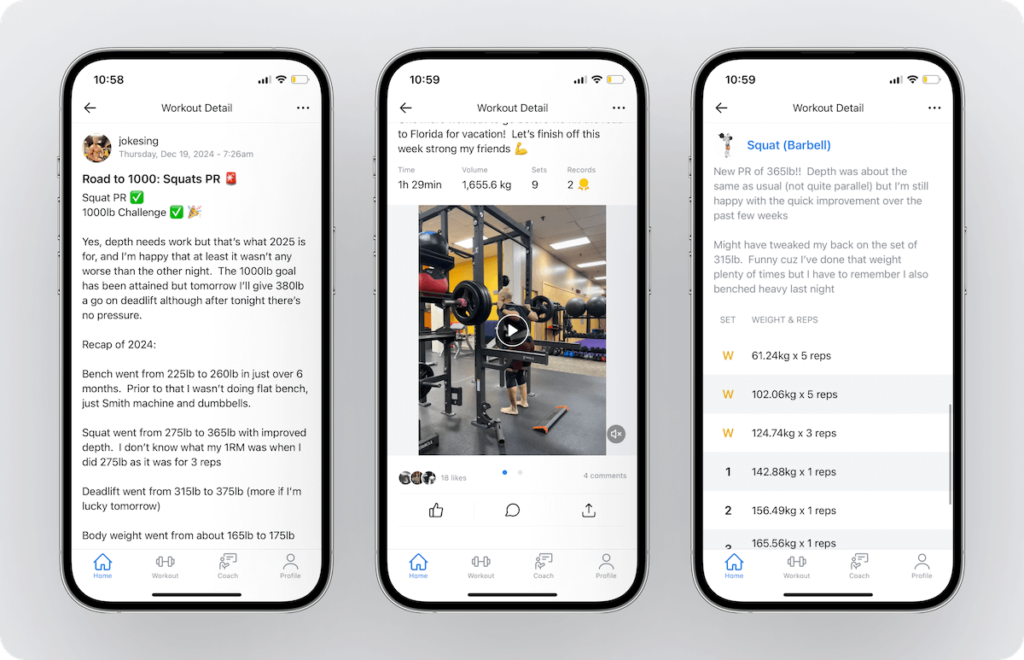 an overview of an user's workout, including a written description and uploaded video