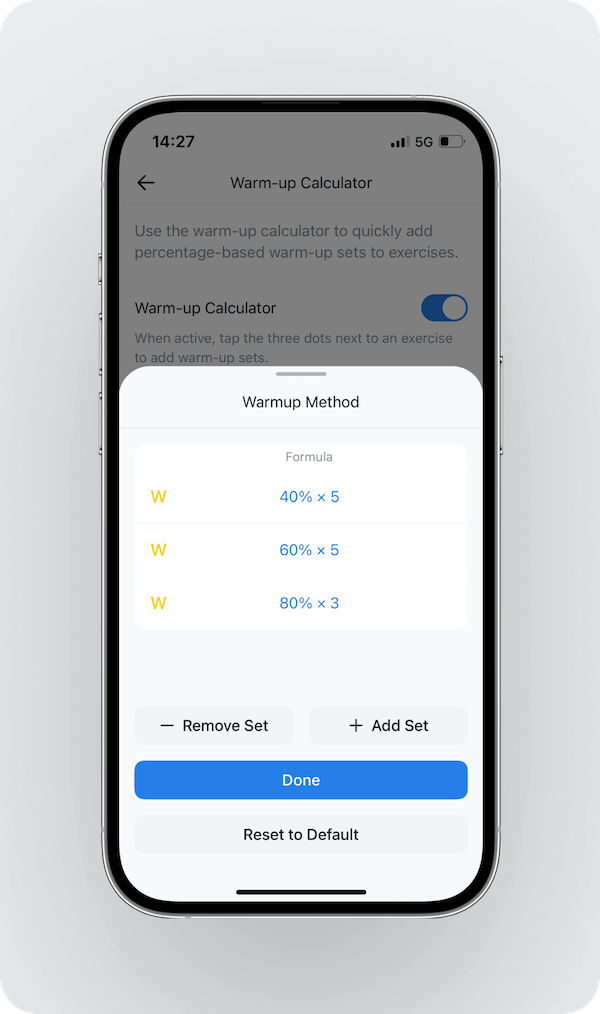 overview of the warm up set calculator with Hevy's default formula