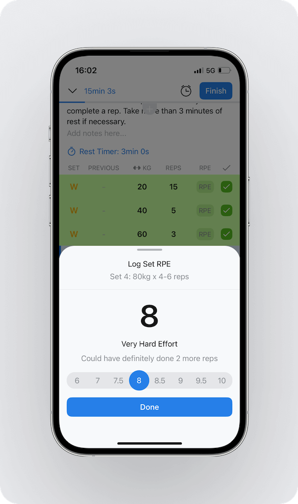 a look at the option to input an RPE value for a set inside the Hevy app