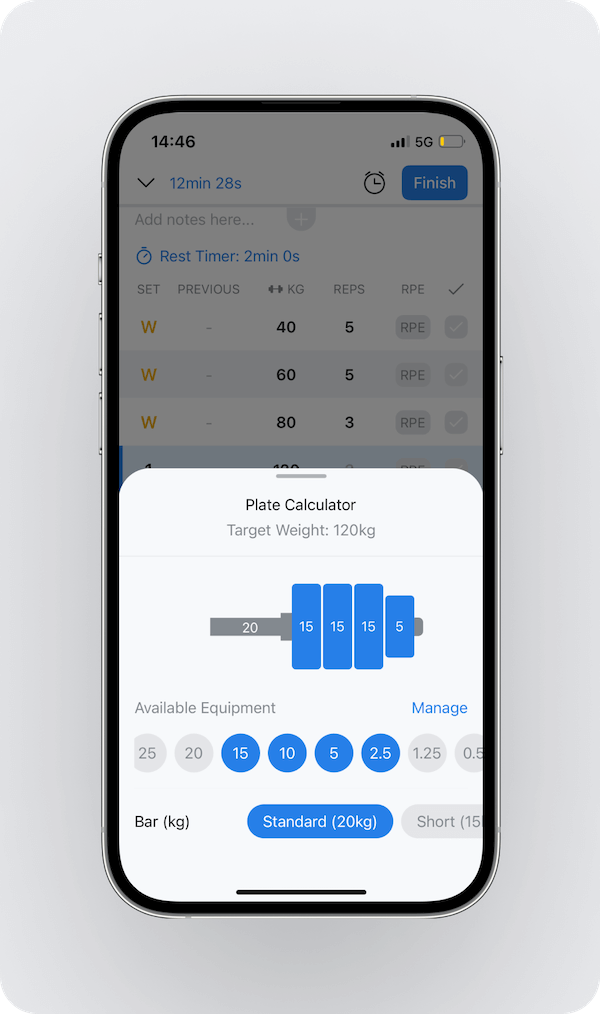 an overview of Hevy's weight plate calculator in action