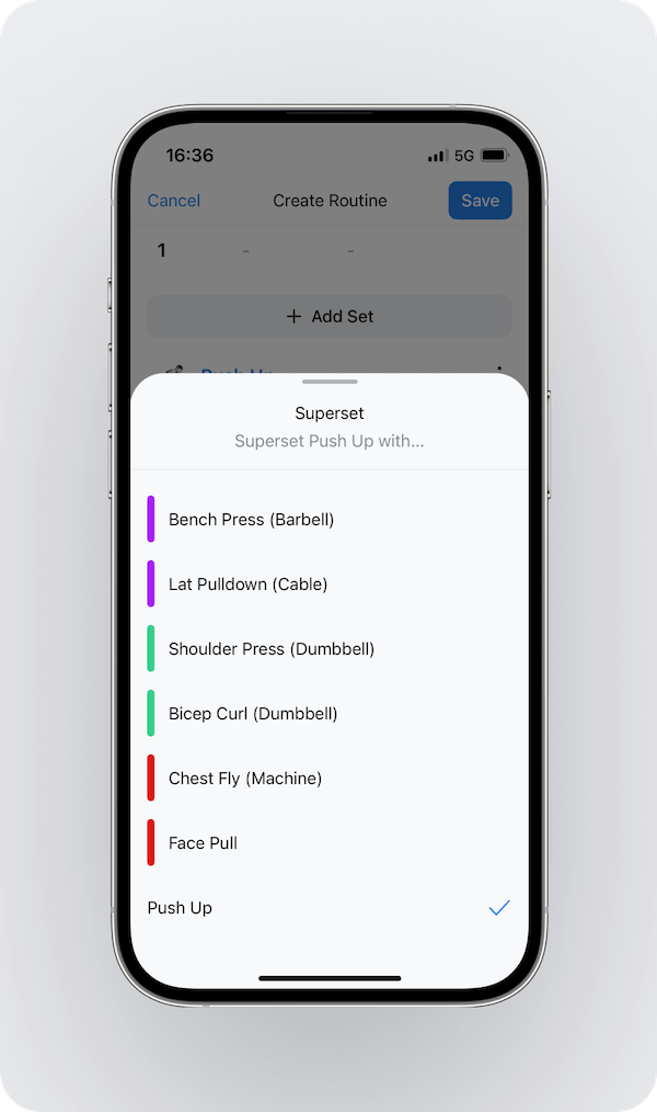 multiple supersets in a Hevy workout, marked in different colors