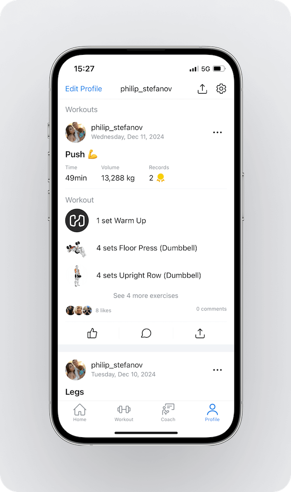 an overview of the area where Hevy users can see their saved workouts and tap on each for additional details and options