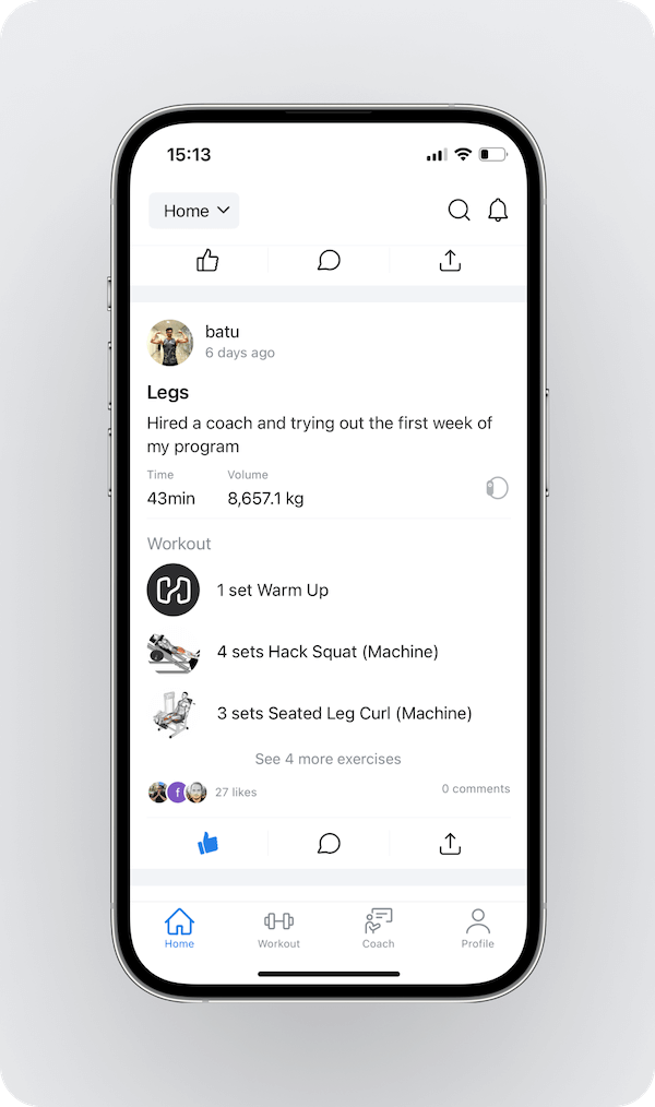 an overview of Hevy's content feed displaying a summary of a user's recent workout
