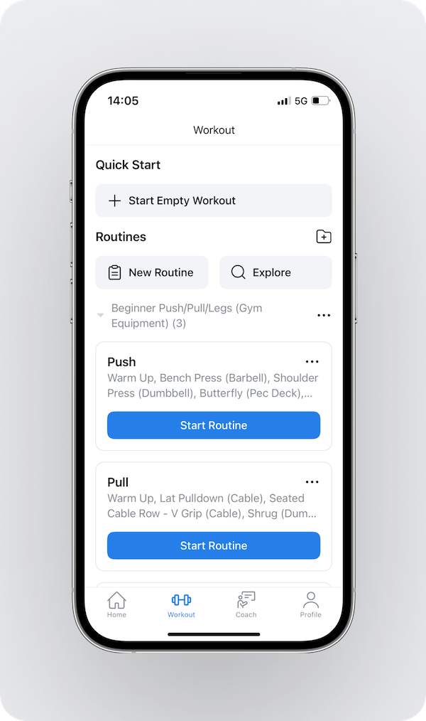 an overview of the menu where Hevy app users can start an empty workout