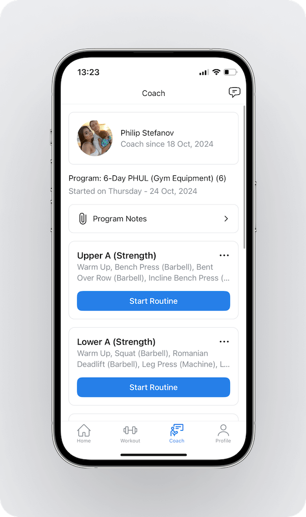 overview of the Coach tab with information about the user's coach, the program notes, and the individual workouts