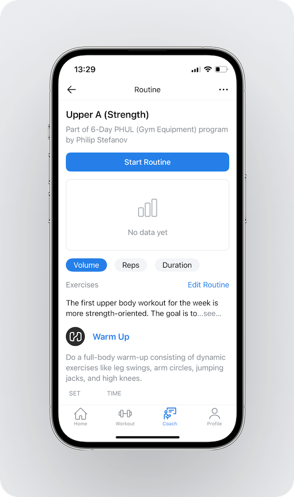overview of an assigned workout as seen by a client inside the Hevy app